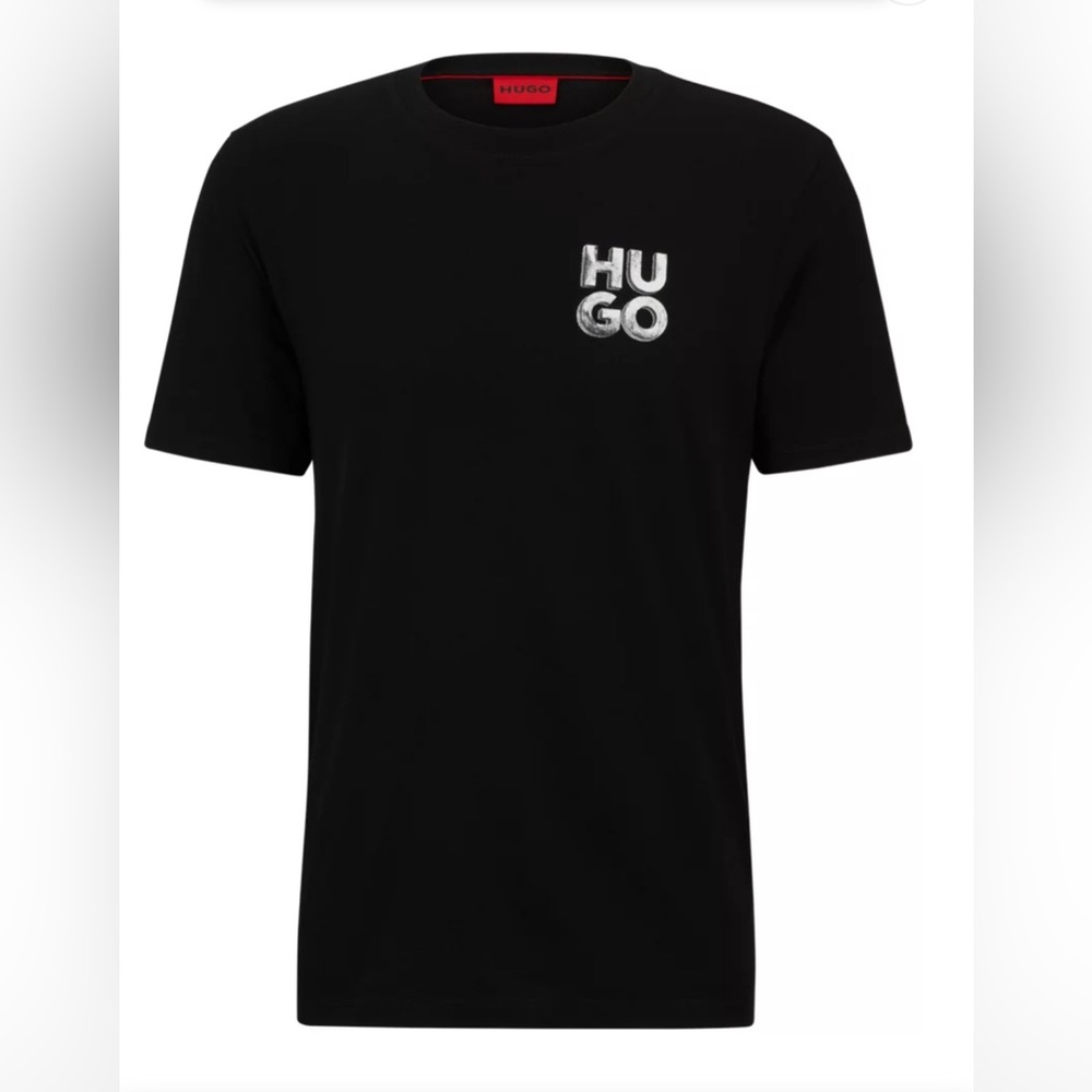HUGO Dark Navy Men’s T-shirt with bronze metallic logo.